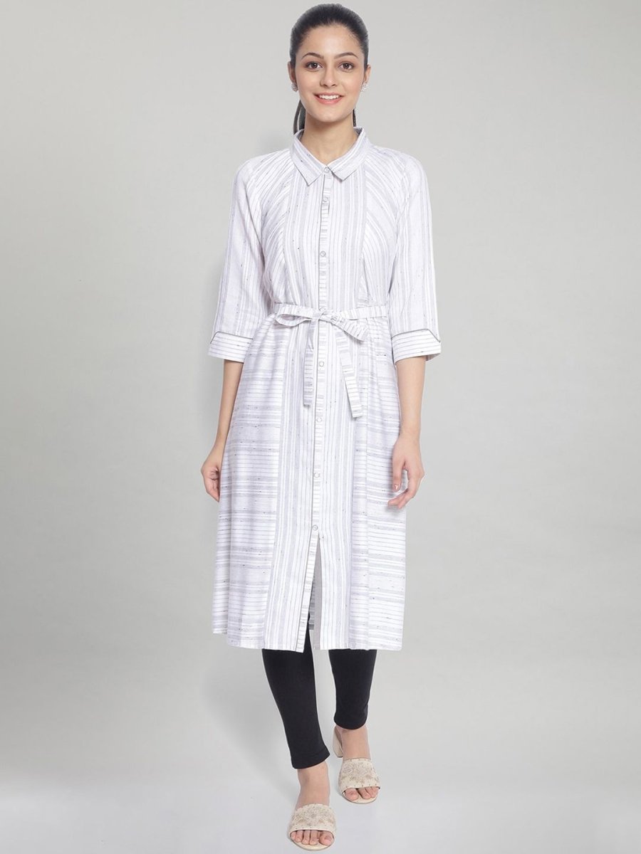 AURELIA White & Grey Striped Shirt Midi Dress With Waist Tie Up - Distacart