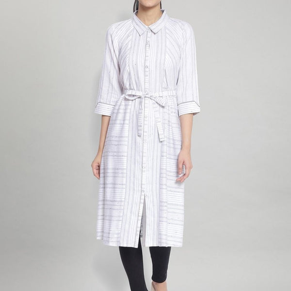 AURELIA White & Grey Striped Shirt Midi Dress With Waist Tie Up - Distacart