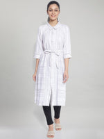 Thumbnail for AURELIA White & Grey Striped Shirt Midi Dress With Waist Tie Up