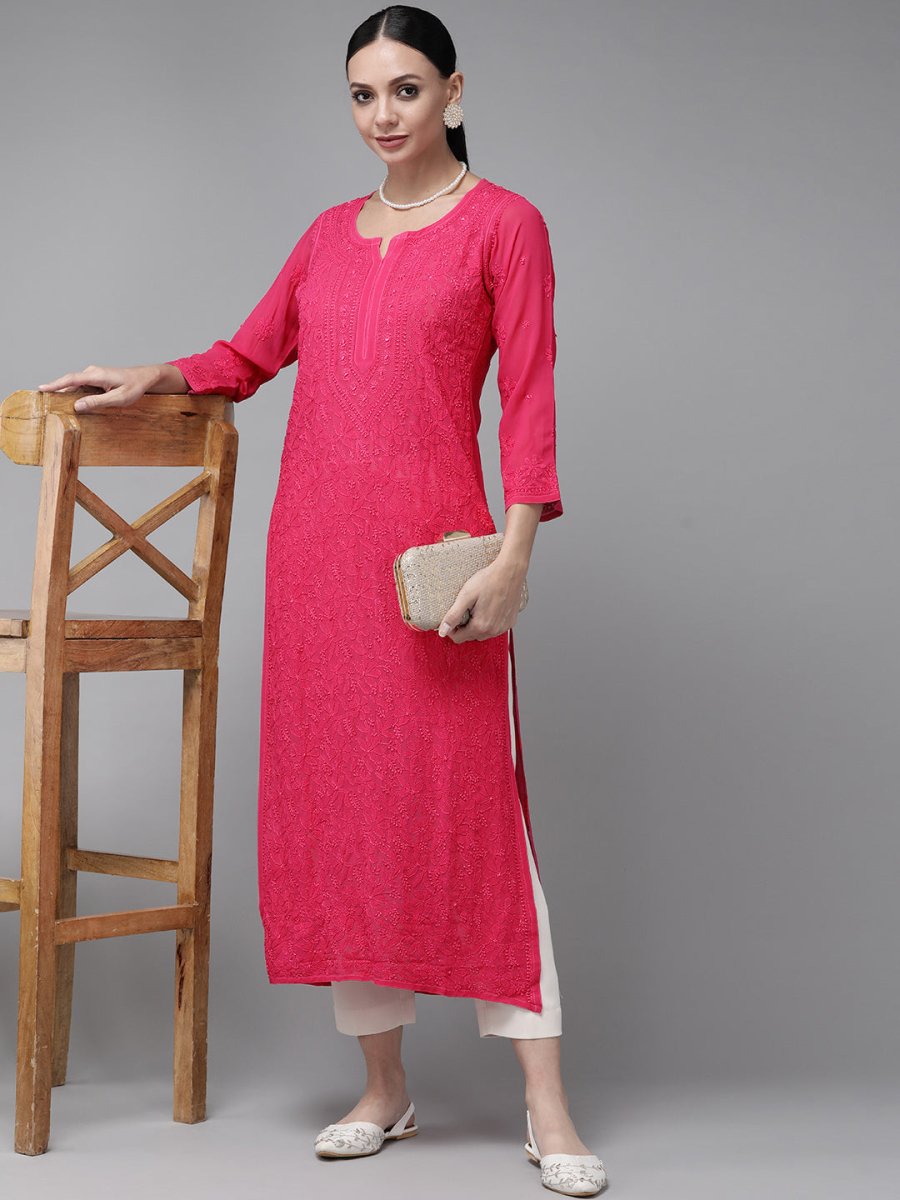 ADA Women Magenta & Magenta Ethnic Motifs Embroidered Chikankari Georgette Kurta - Distacart