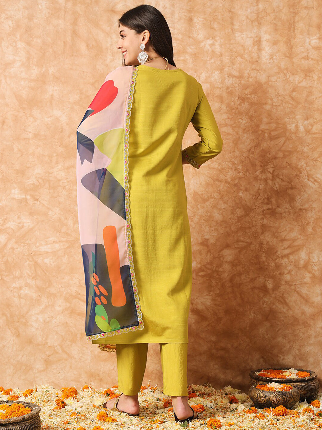 Kalini Floral Yoke Designed Regular Sequined Kurta With Trousers & Dupatta - Distacart