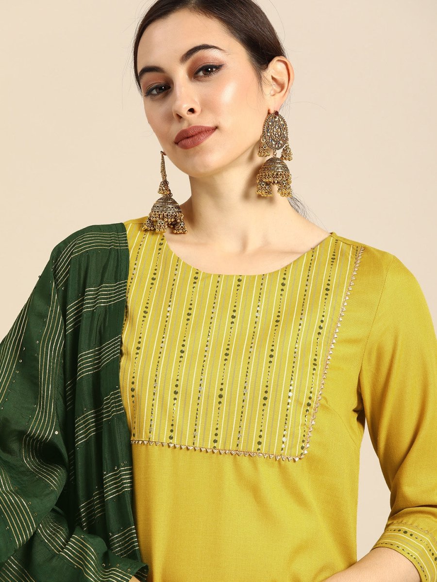 Anouk Women Mustard Yellow Yoke Design Foil Printed Kurta with Trousers & Dupatta - Distacart