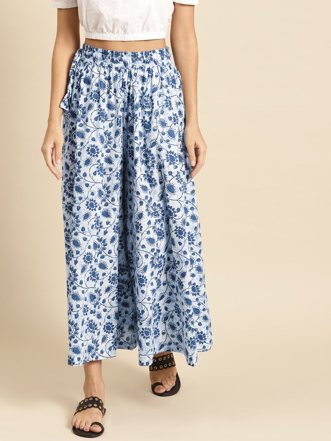 TAG 7 Women White & Blue Printed Pure Cotton Flared Palazzos - Distacart