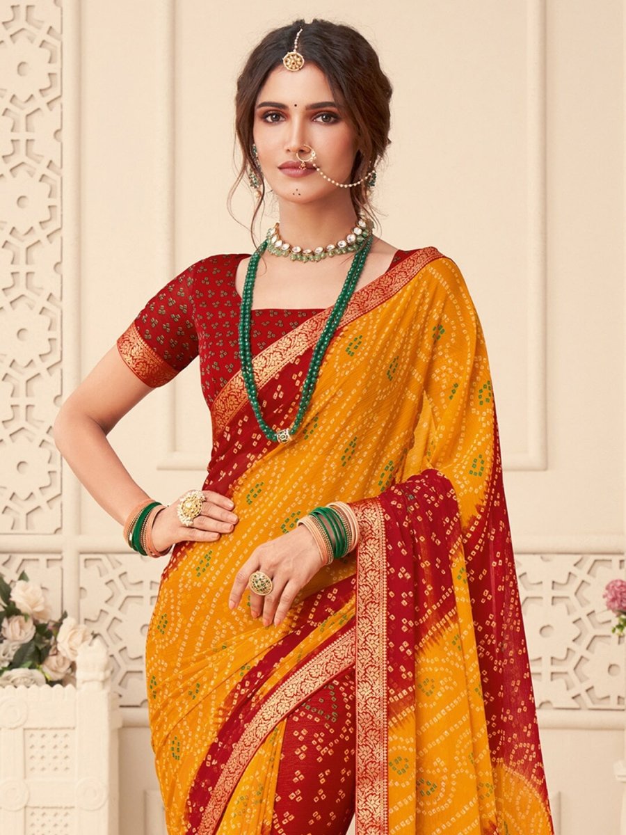 Anouk Yellow Bandhani Printed Zari Pure Chiffon Bandhani Saree - Distacart