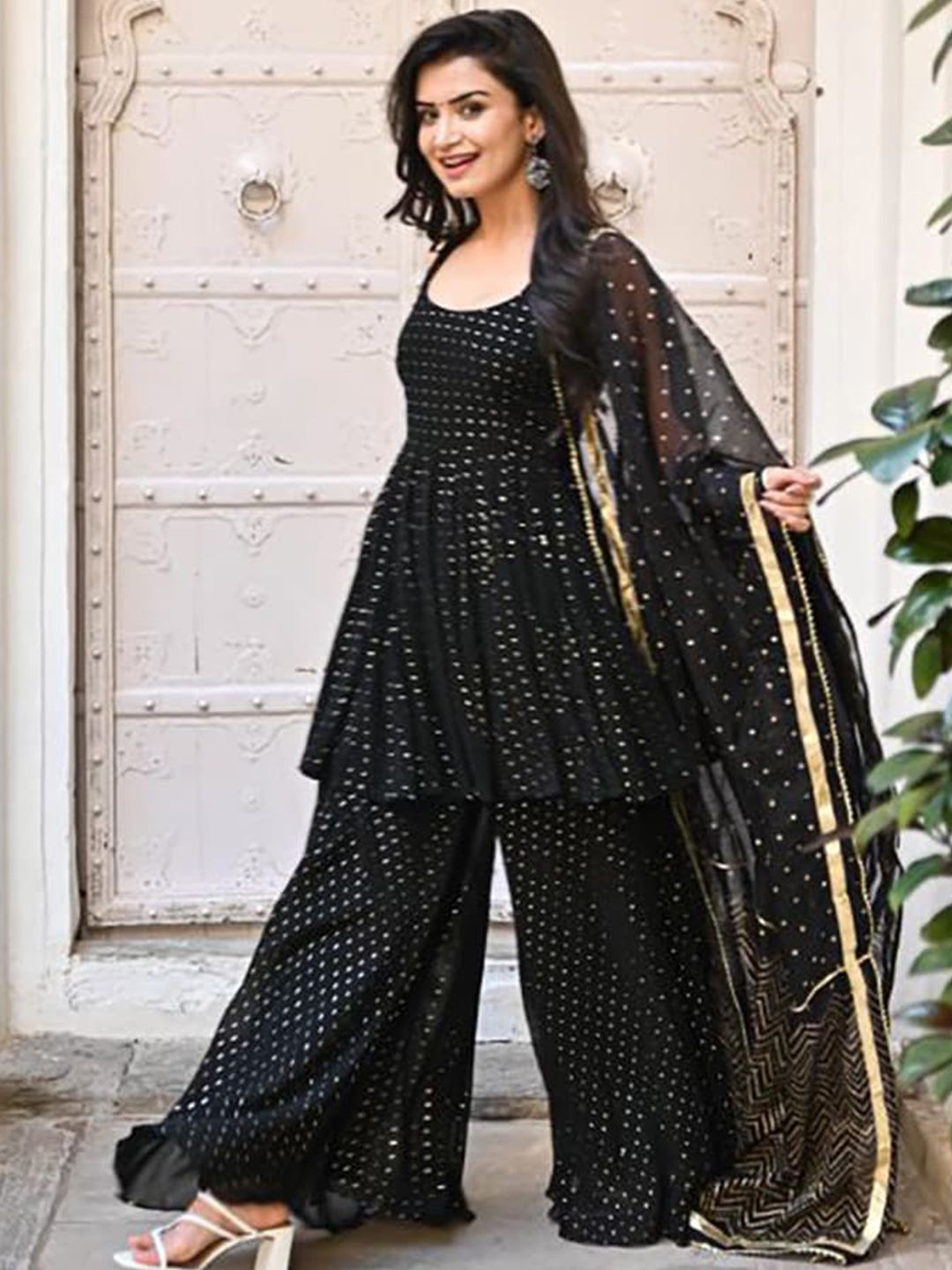 Kalini Geometric Printed Round Neck A-line Kurti with Sharara Dupatta