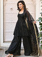 Thumbnail for Kalini Geometric Printed Round Neck A-line Kurti with Sharara Dupatta