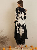 Thumbnail for Indo Era Black Floral Printed V-Neck Sequinned A-Line Kurta With Salwar