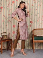 Thumbnail for Ode by House of Pataudi V Neck Floral Printed Regular Chanderi Silk Kurta with Trousers - Distacart