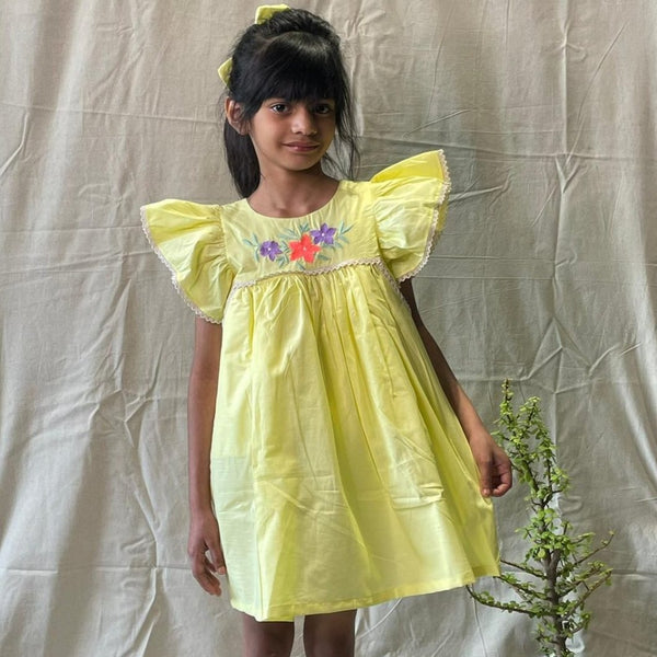 ArthLife Yellow Flower Embroidered Lace Dress - Distacart