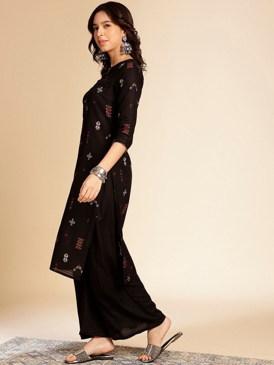Anouk Black Ethnic Motifs Printed Round Neck Gotta Patti Cotton Straight Kurta - Distacart