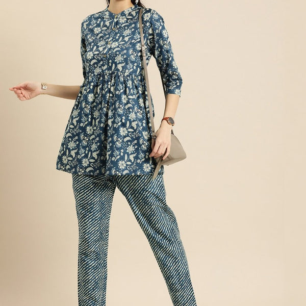 Anouk Women Blue Printed Pure Cotton Kurta with Trousers - Distacart