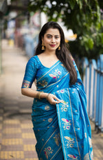 Thumbnail for Blue Pure Silk Woven Design Saree with Unstitched Blouse - A2M - Distacart