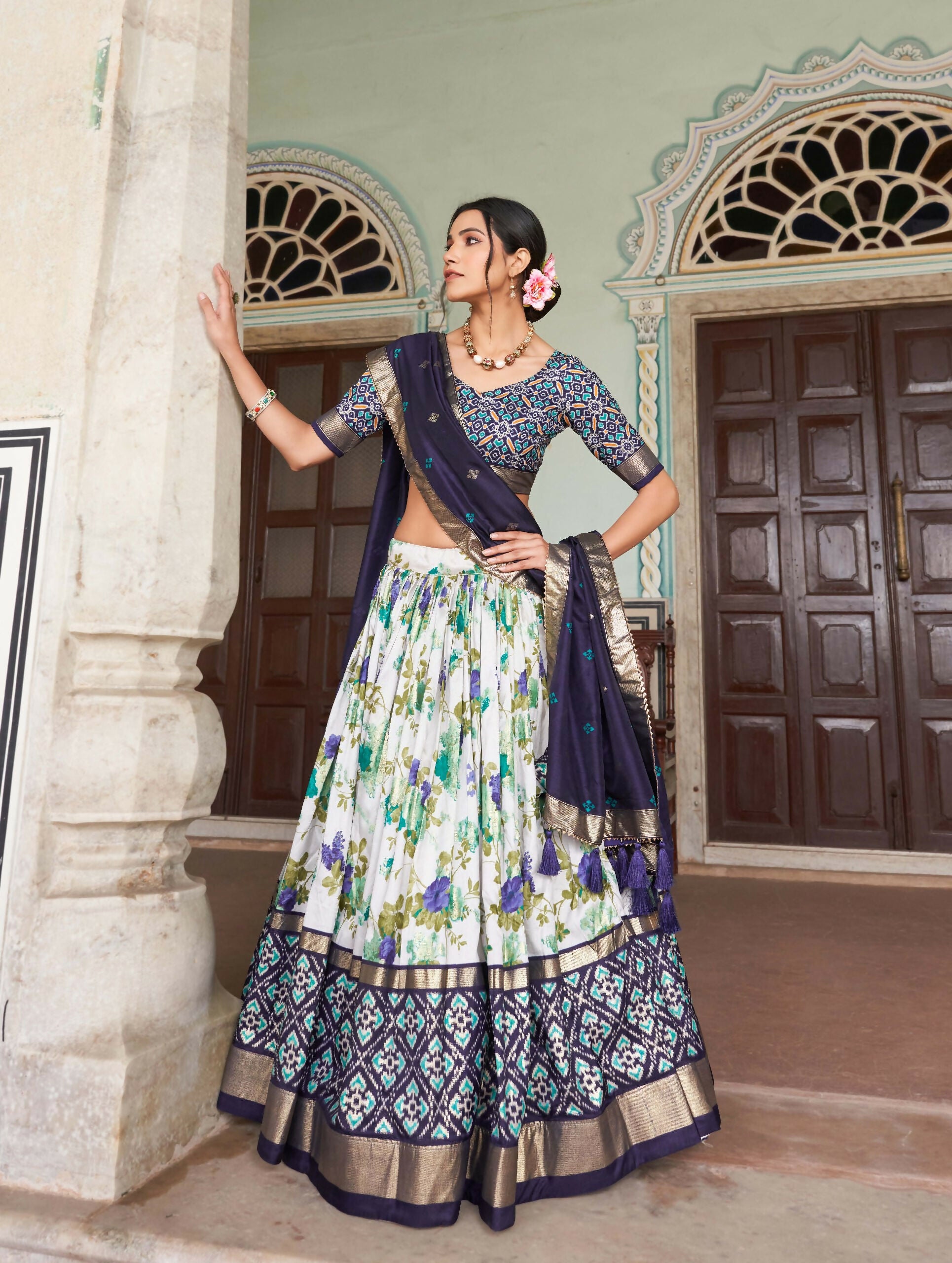 Vastranavya Exquisite Tussar Silk Lehenga Set With Perfect Floral And Patola Print Design Lehenga Choli - Navy Blue - Distacart