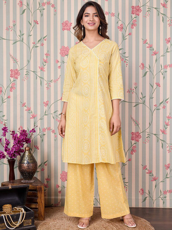 Ode by House of Pataudi Bandhani Printed Angrakha Pure Cotton Kurta with Trousers - Distacart