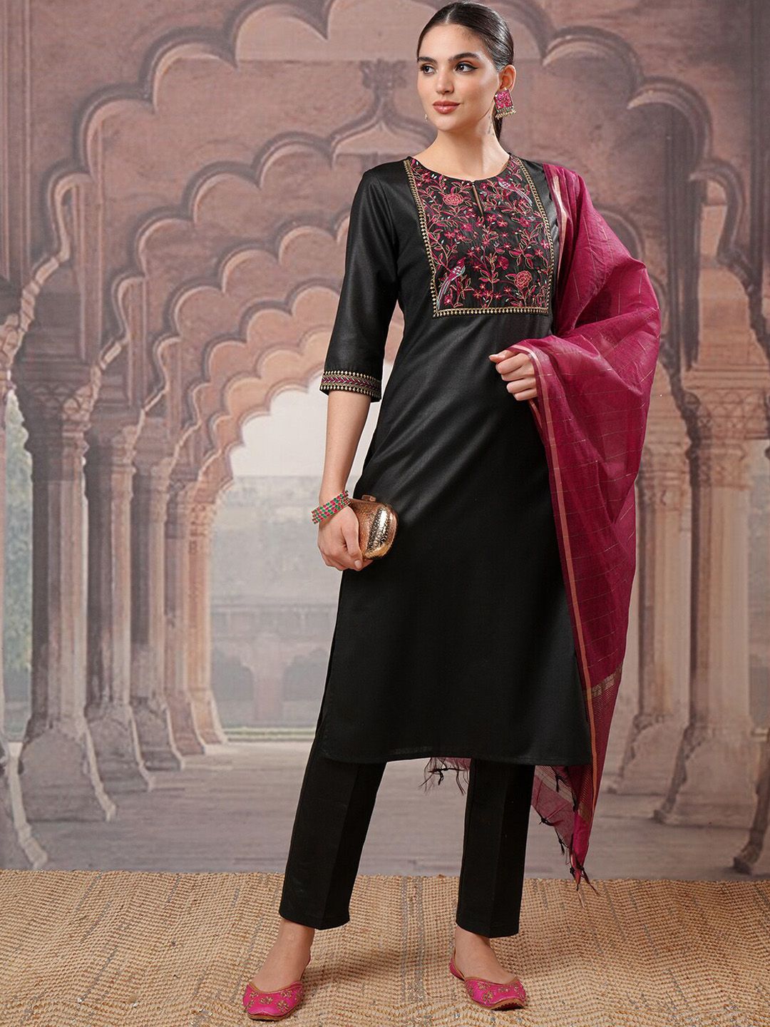 Vishudh Black Yoke Design Thread Work Kurta with Trouser & Dupatta - Distacart