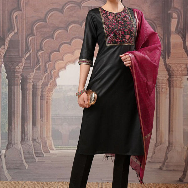 Vishudh Black Yoke Design Thread Work Kurta with Trouser & Dupatta - Distacart
