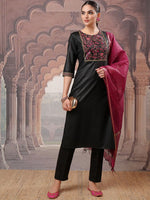 Thumbnail for Vishudh Black Yoke Design Thread Work Kurta with Trouser & Dupatta