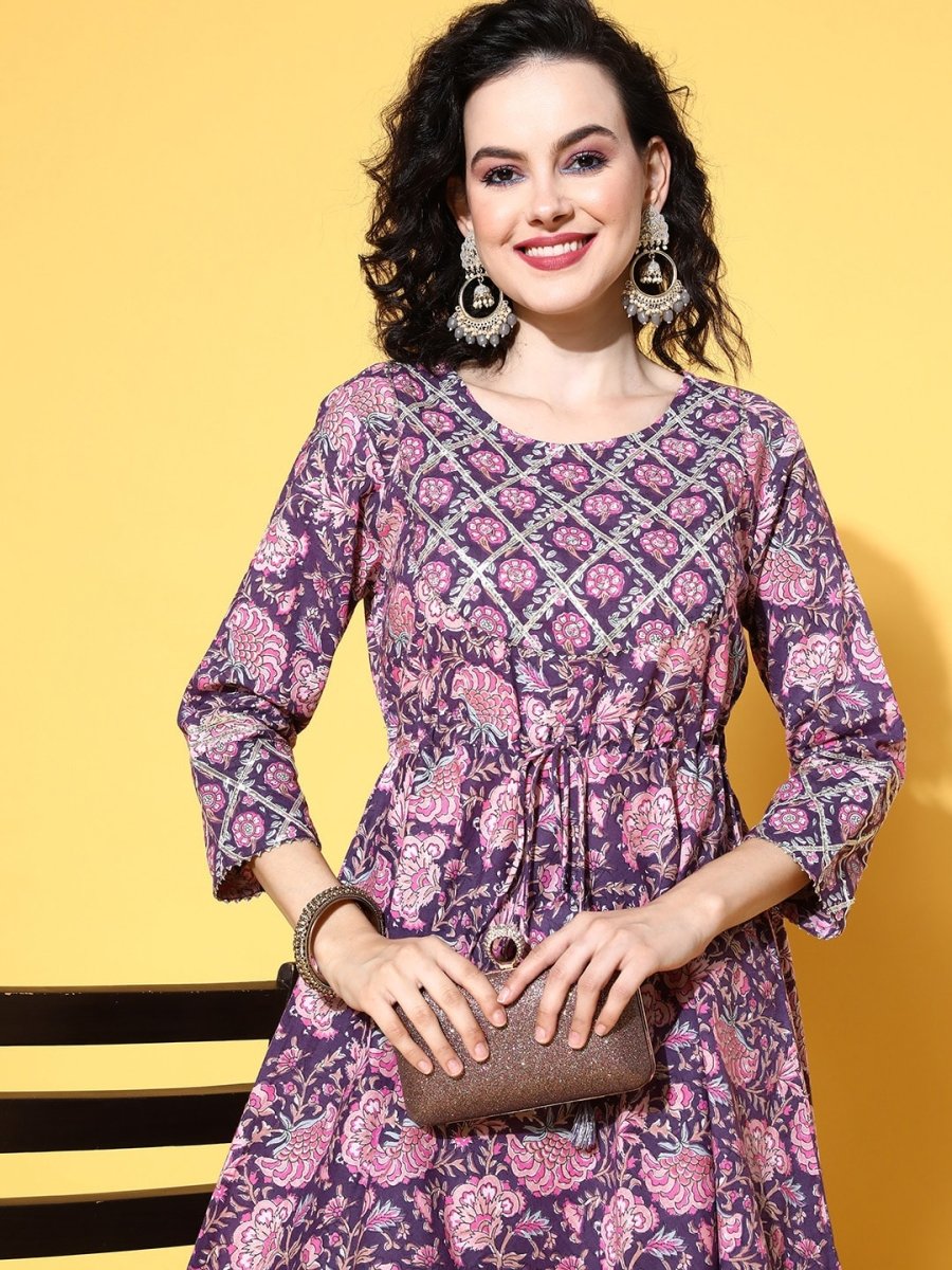All About You Women Purple Floral Printed Regular Gotta Patti Pure Cotton Kurta with Sharara - Distacart