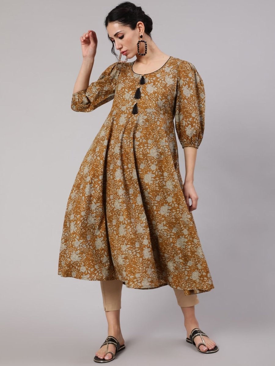 Aks Floral Printed Puff Sleeves Cotton Anarkali Kurta - Distacart