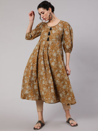 Aks Floral Printed Puff Sleeves Cotton Anarkali Kurta - Distacart