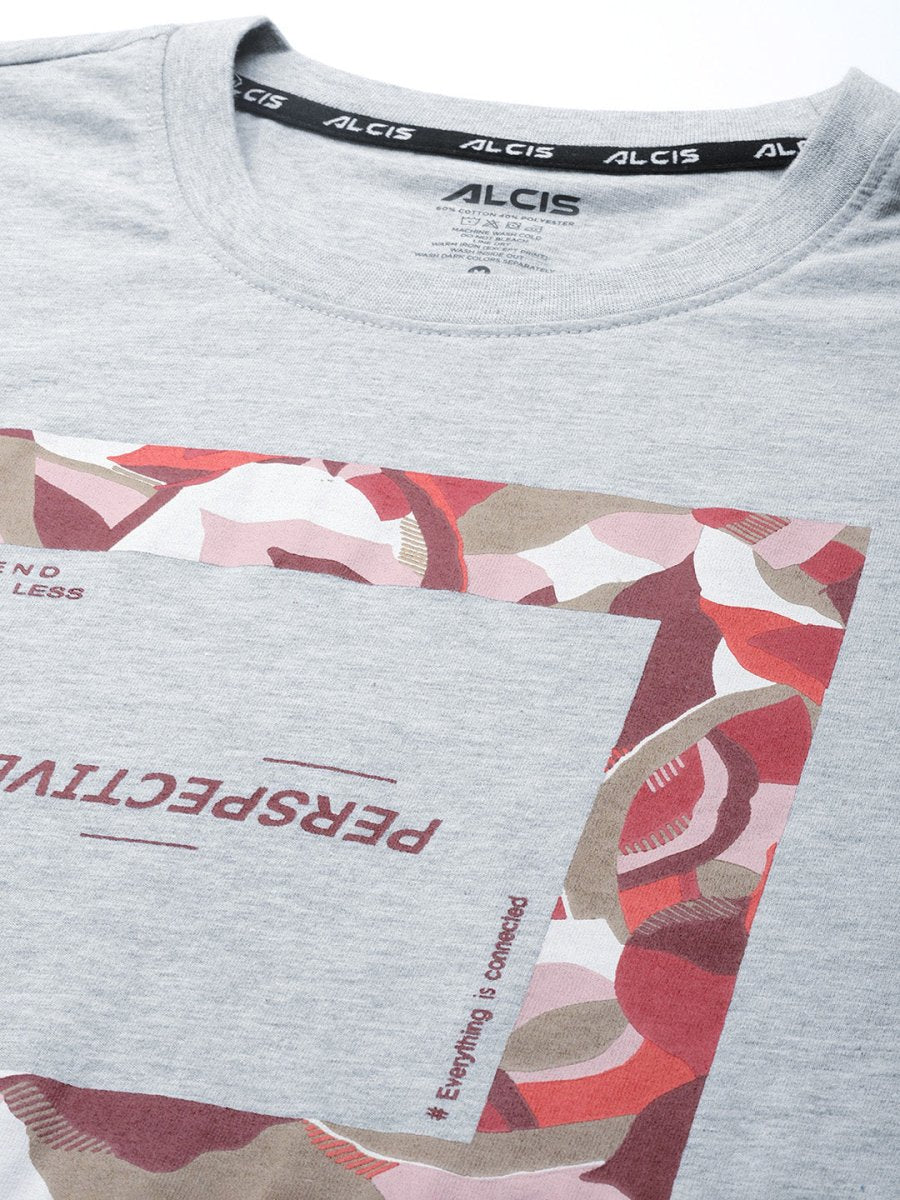 Alcis Men Grey Melange Typography Printed Slim Fit Gym T-shirt - Distacart