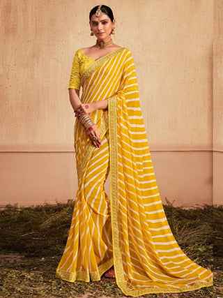 Anouk Yellow Striped Embroidered Pure Georgette Leheriya Saree - Distacart