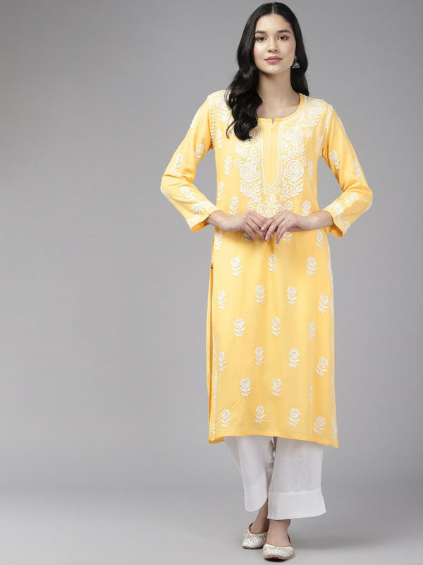 ADA Floral Embroidered Lucknowi Chikankari Cotton Silk Straight Kurta - Distacart