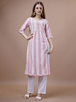 Thumbnail for Ode by House of Pataudi Pink Ethnic Motifs Striped Kurta - Distacart