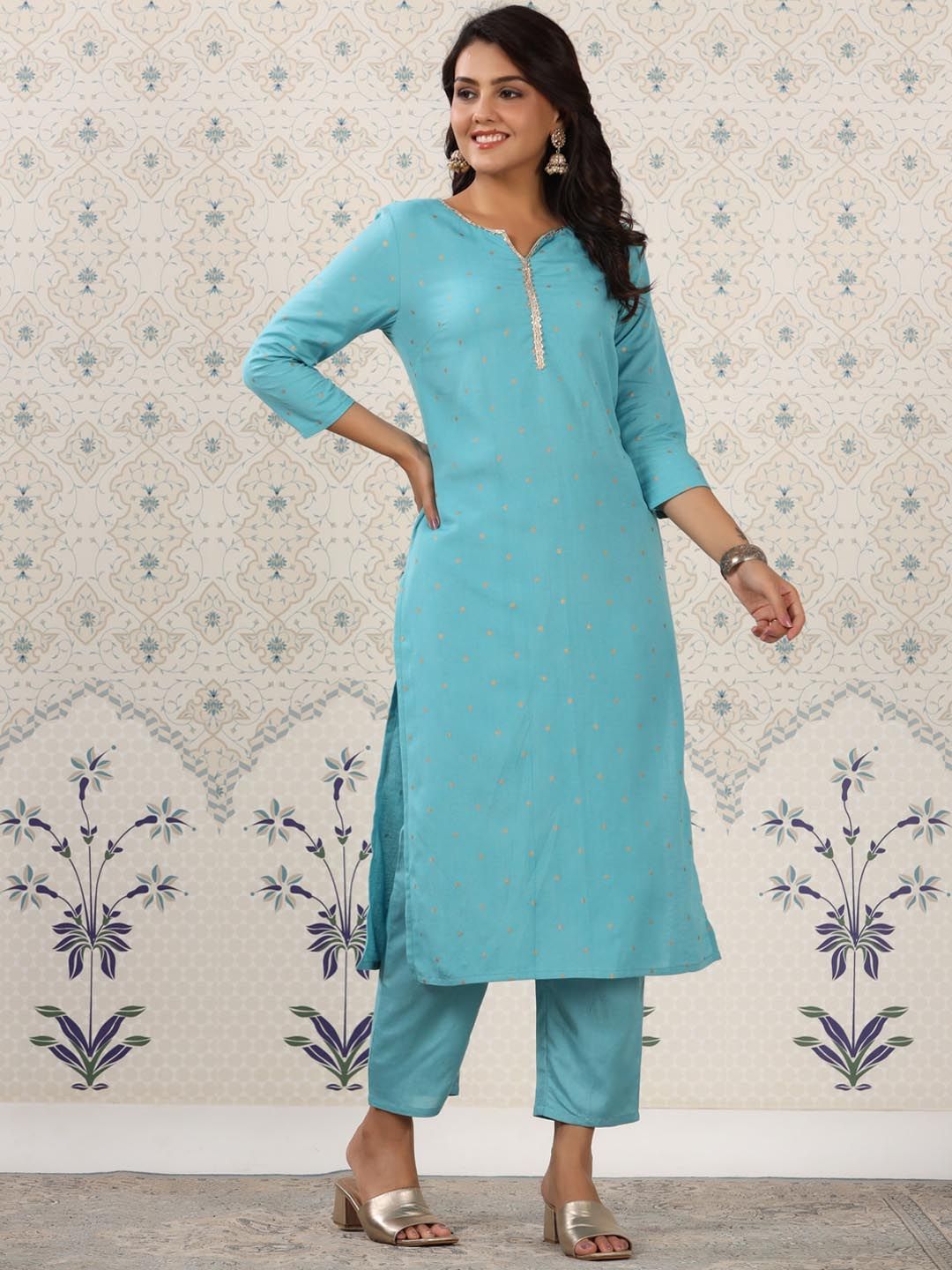 Ode by House of Pataudi Printed Regular Gotta Patti Kurta with Trousers - Distacart