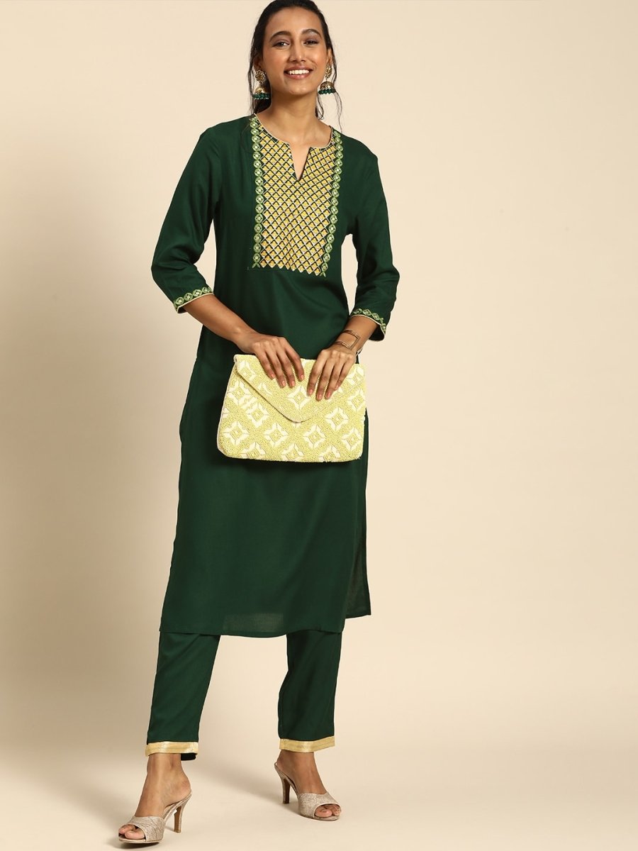 All About You Women Green Ethnic Motifs Yoke Design Regular Thread Work Kurta with Trousers - Distacart