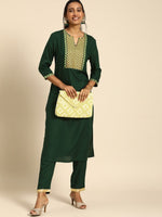 Thumbnail for All About You Women Green Ethnic Motifs Yoke Design Regular Thread Work Kurta with Trousers - Distacart