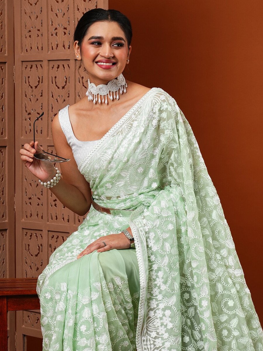 Anouk Green Floral Embroidered Organza Saree - Distacart