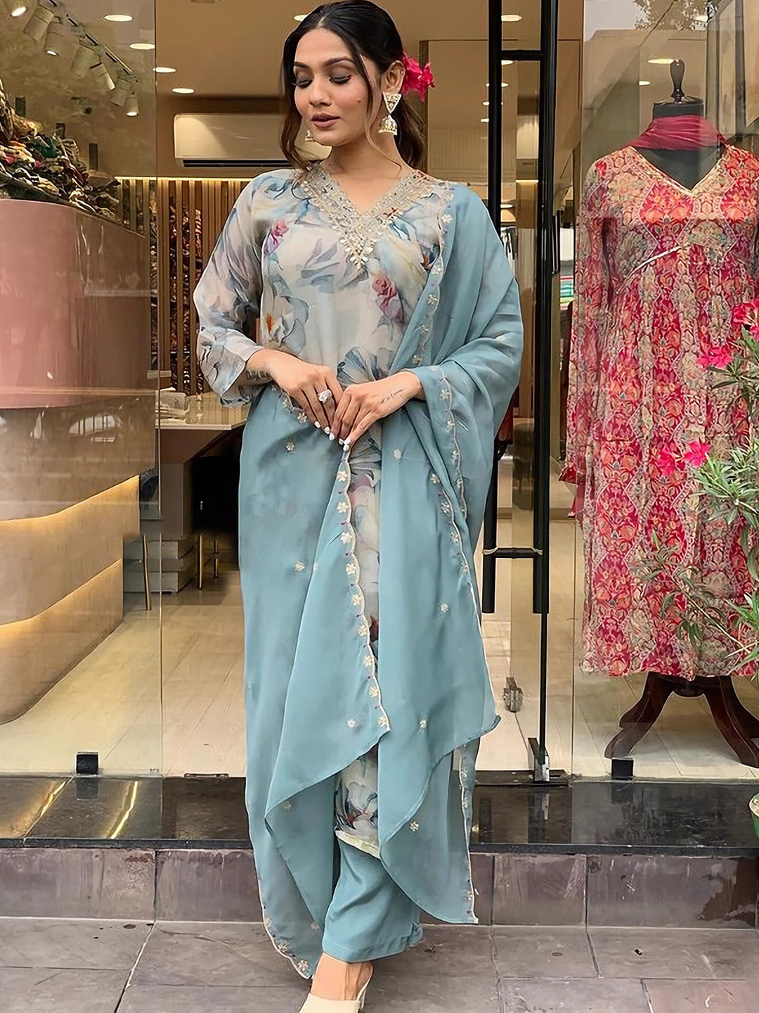 Kalini Floral Printed Sequinned Detailed Organza Straight Kurta & Trouser With Dupatta - Distacart