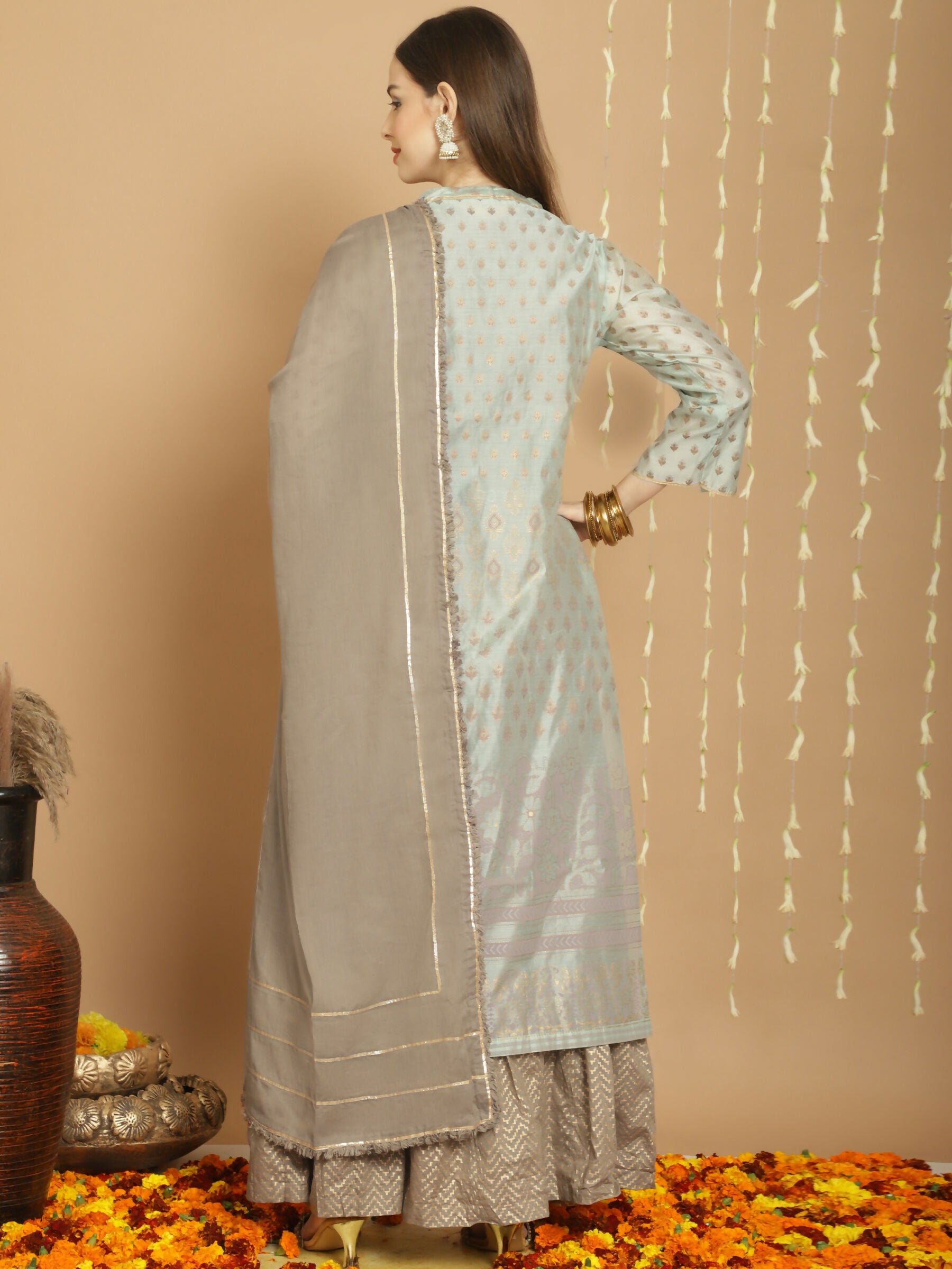 Jyoti Fashion Women's Green Chanderi Silk Elegant Jardoshi Semi Kurta with Trouser & Dupatta - Distacart