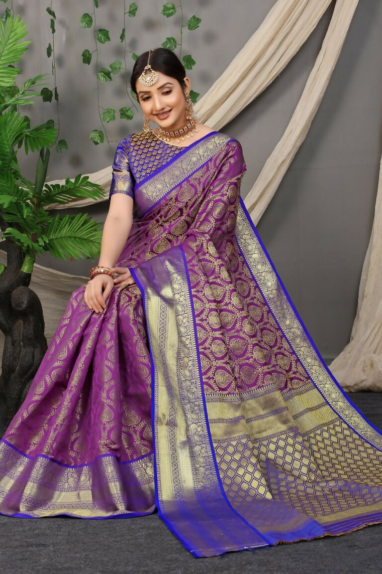 Jyoti Fashion Women's Purple Kanjivaram Silk Zari Woven Saree with Blouse - Distacart