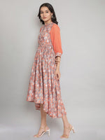 Thumbnail for AURELIA Peach-Coloured & Blue Floral Printed Asymmetric Midi Fit & Flare Dress