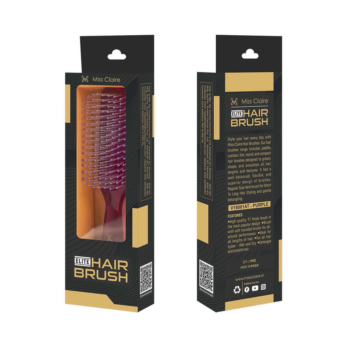 Miss Claire V18001At Flat Hair Brush - Purple - Distacart