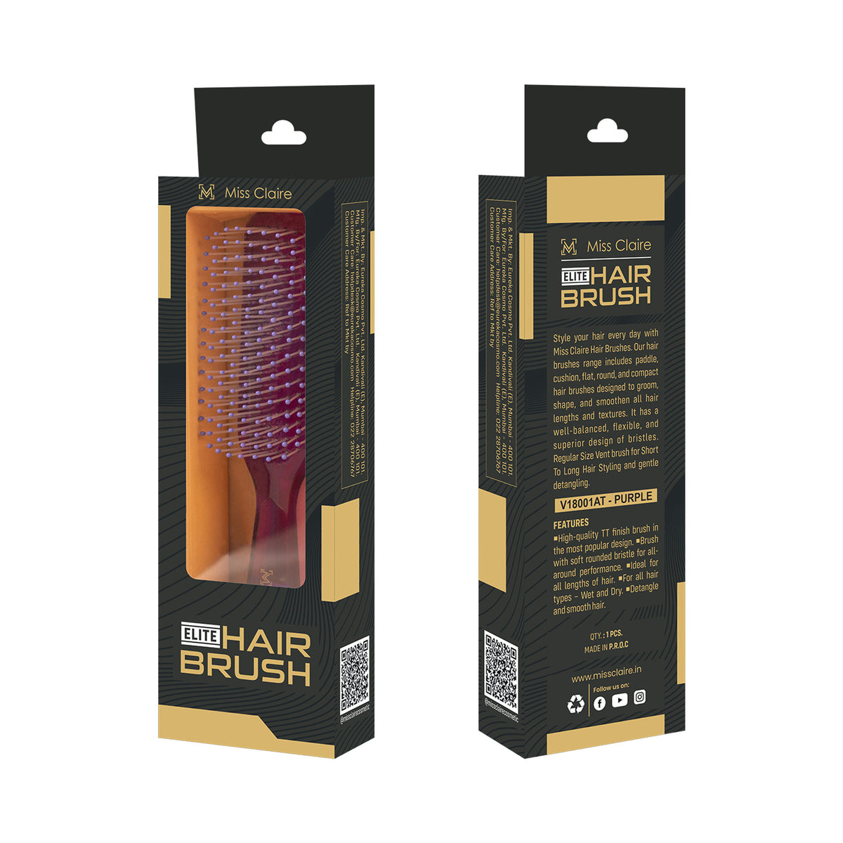 Miss Claire V18001At Flat Hair Brush - Purple - Distacart