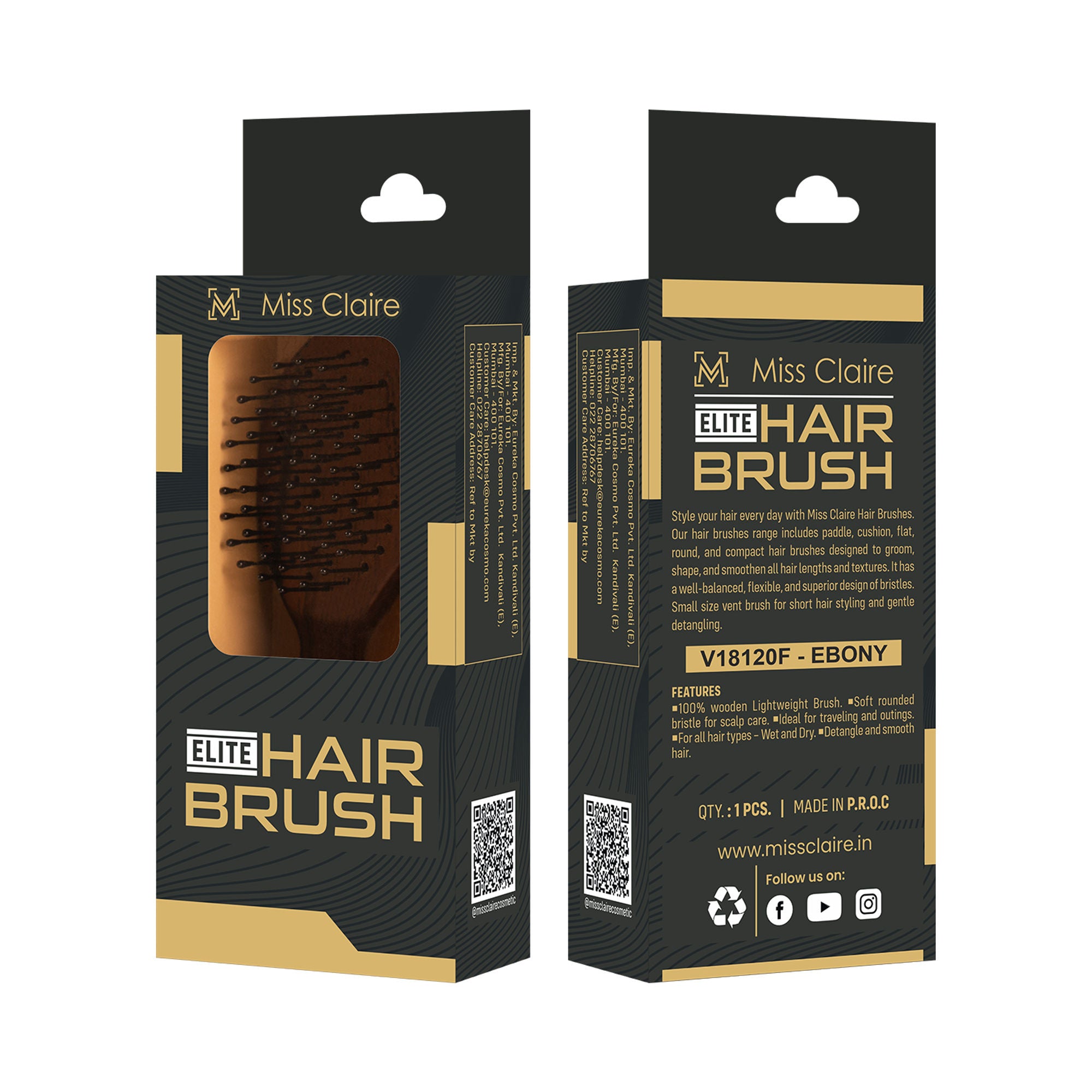 Miss Claire V18120F Flat Hair Brush - Small - Ebony - Distacart