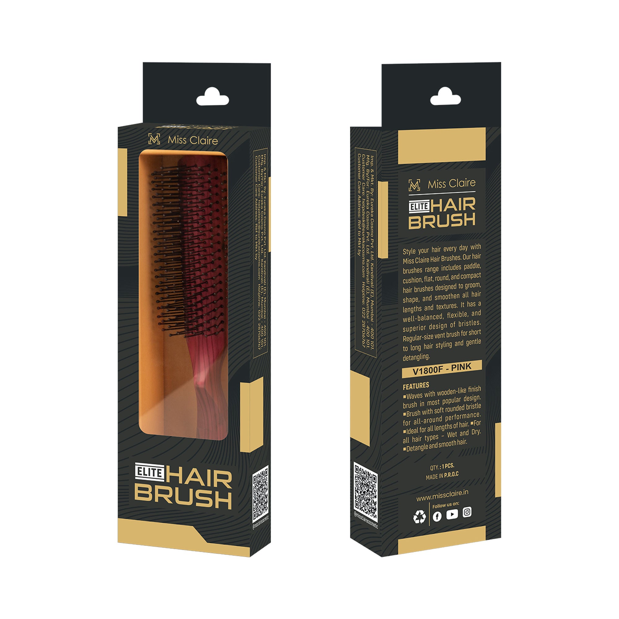 Miss Claire V1800F Flat Hair Brush - Pink - Distacart