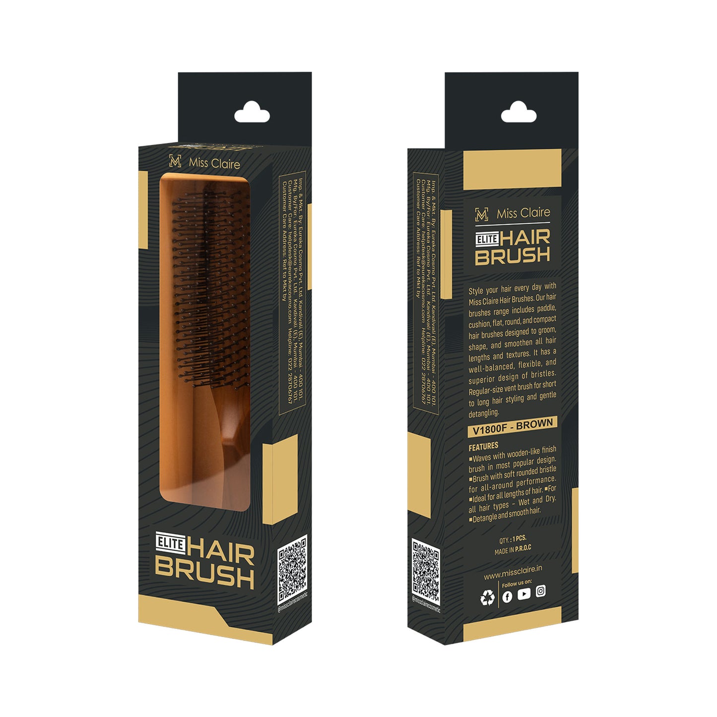 Miss Claire V1800F Flat Hair Brush - Brown - Distacart