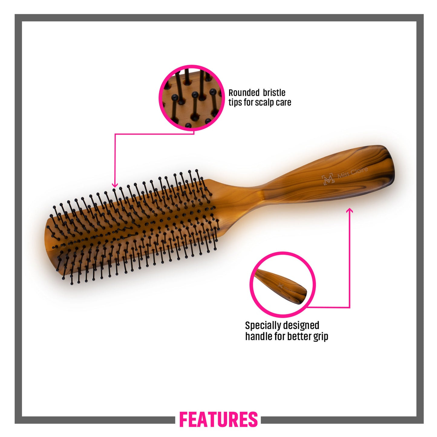 Miss Claire V1800F Flat Hair Brush - Brown - Distacart