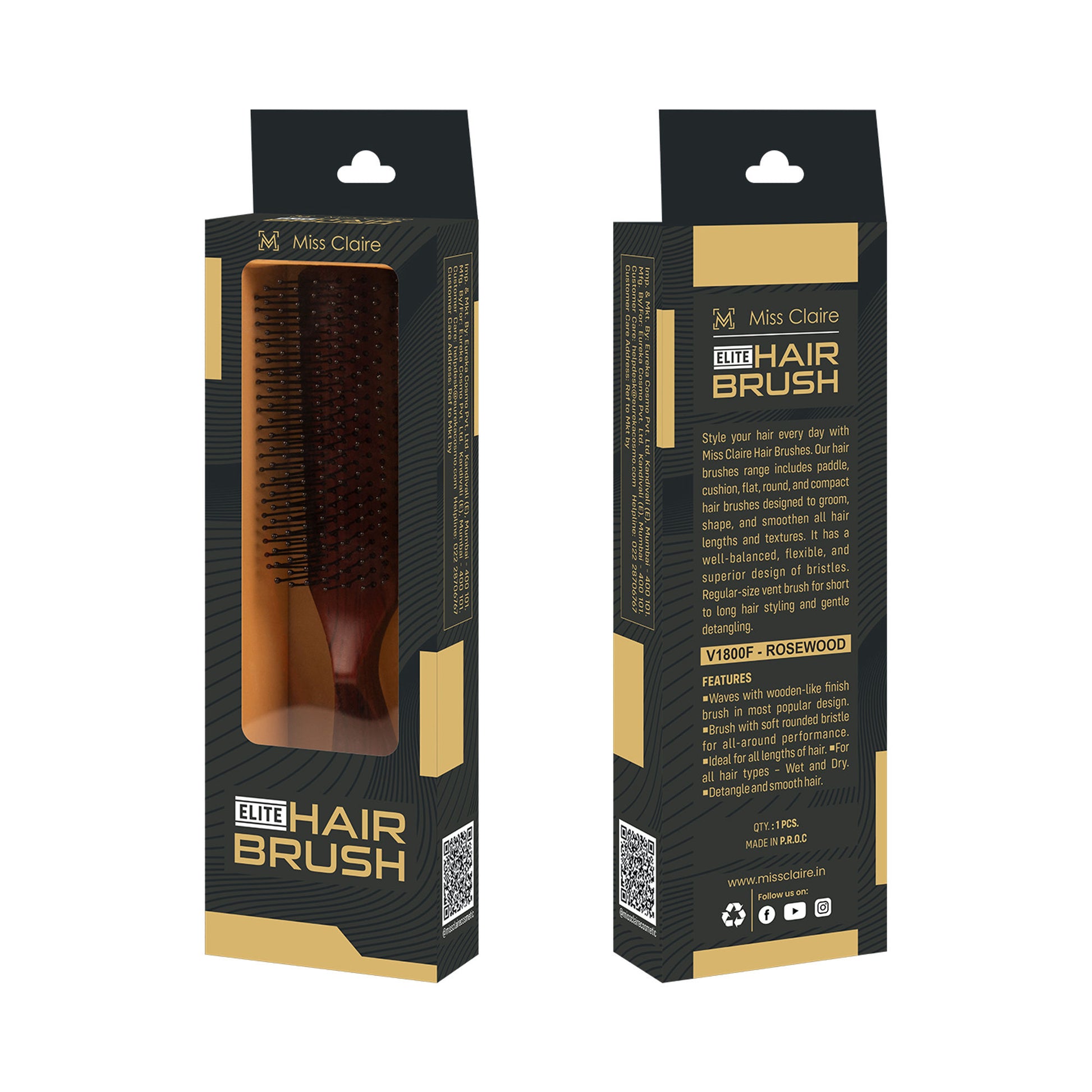 Miss Claire V1800F Flat Hair Brush - Rosewood - Distacart