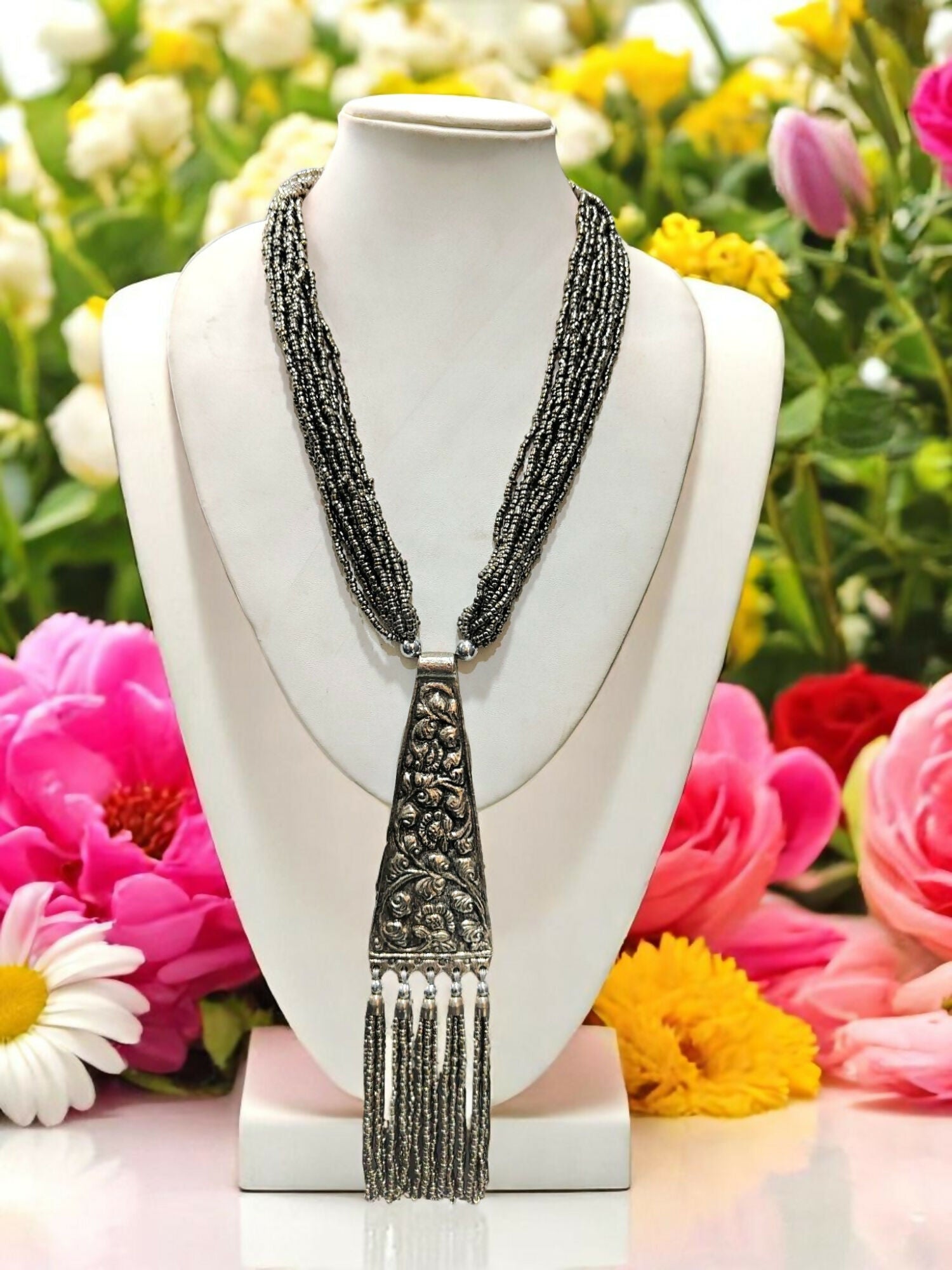 Inhanns Day-To-Dinner Tie Shaped Oxidized Black Metal Multi-Layered Long Only Necklace - Silver - Distacart