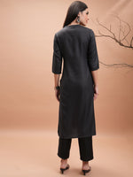 Thumbnail for Vishudh Black Ethnic Motifs Printed Mandarin Collar Winter Regular Kurta With Trousers