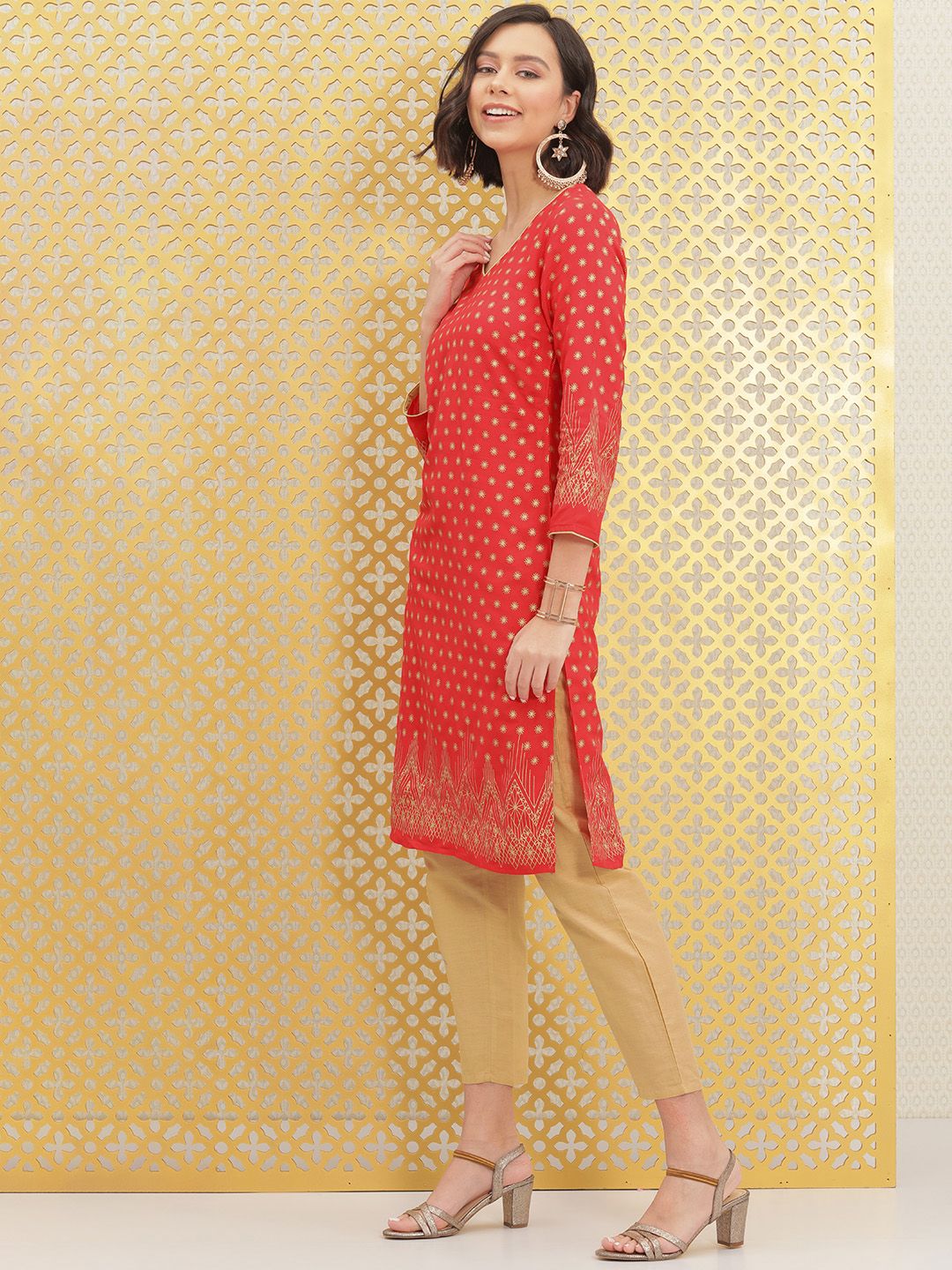 Ode by House of Pataudi Women Red & Gold-Toned Ethnic Motifs Printed Block Print Brocade Kurta - Distacart
