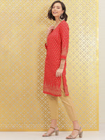 Thumbnail for Ode by House of Pataudi Women Red & Gold-Toned Ethnic Motifs Printed Block Print Brocade Kurta - Distacart