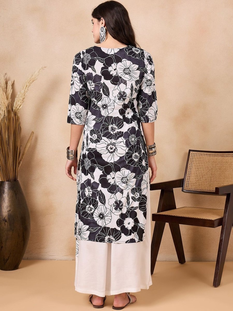 Anouk Floral Printed Regular Mirror Work Pure Cotton Kurta With Palazzos
