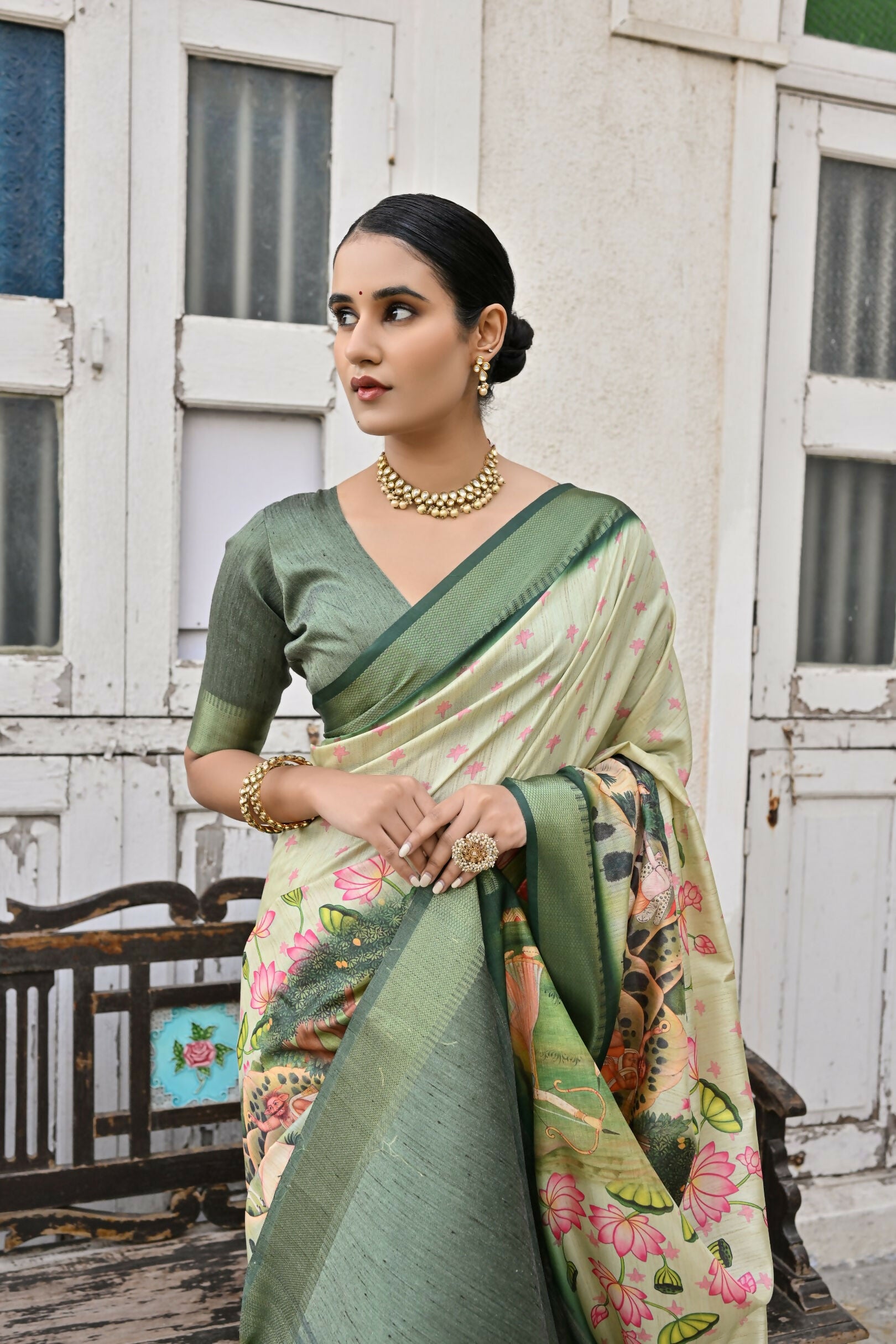 Vishnu Weaves Women's Green Soft Tussar Silk Saree with Blouse - Distacart