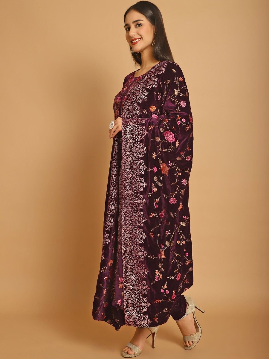 Aastha Fashion Women's Wine Velvet Floral Resham Thread with Jari & Sequince work Designer Straight Suit Set - Distacart